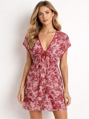 BECCA by Rebecca Virtue Red Printed Mini Dress Size XS Boho Beach Cover-Up